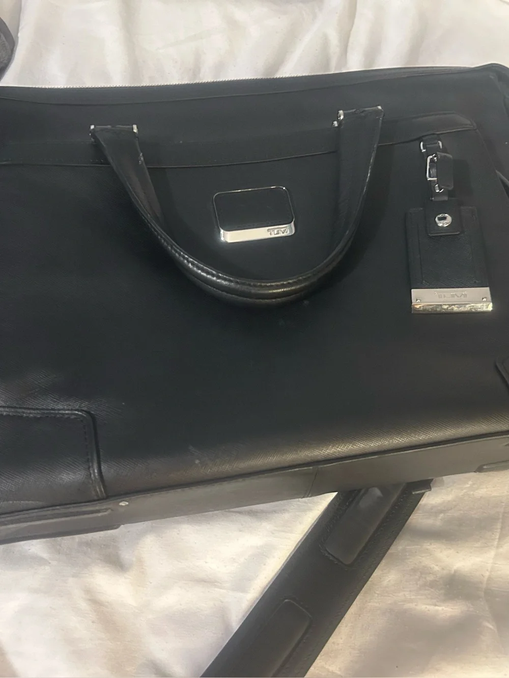 Tumi Black Leather Briefcase with Silver Hardware